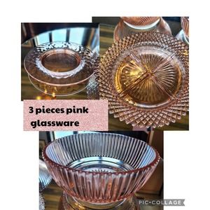 3 Pink Glassware, Depression Glass, Lot Of 3 Pc. No Chips, Serving Dish, Party